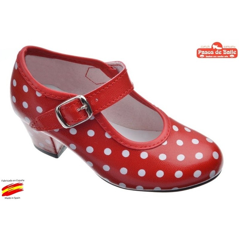 Zapato de Flamenca Rojo Lunares Blancos.Pasos de Baile