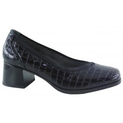 Zapato Salón Tacón Cuadrado Confort Negro Grabado.  Amarpies
