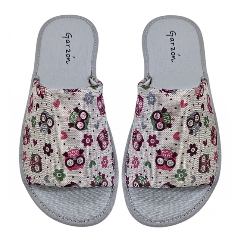 Zapatilla Mujer Verano De Casa "Buhos" Gris . Garzon
