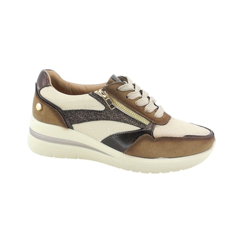 Zapato Cordón Y Cremallera Confort Cuña Taupe. Amarpies