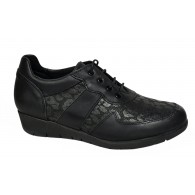 Zapato Mujer Confort Piel y Licra Negro. Duendy
