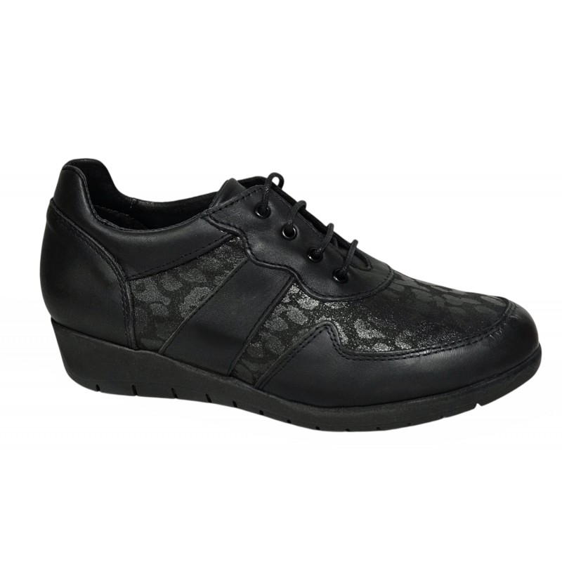 Zapato Mujer Confort Piel y Licra Negro. Duendy