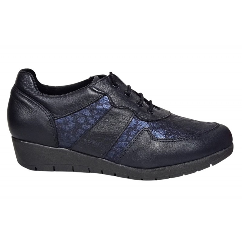 Zapato Mujer Confort Piel y Licra Marino. Duendy